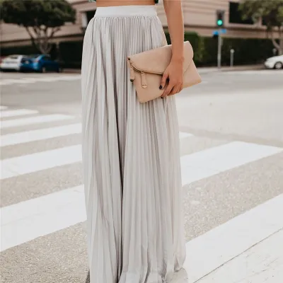 S-XL Women High Waist Pleated Long Skirt