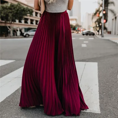 S-XL Women High Waist Pleated Long Skirt