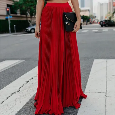 S-XL Women High Waist Pleated Long Skirt