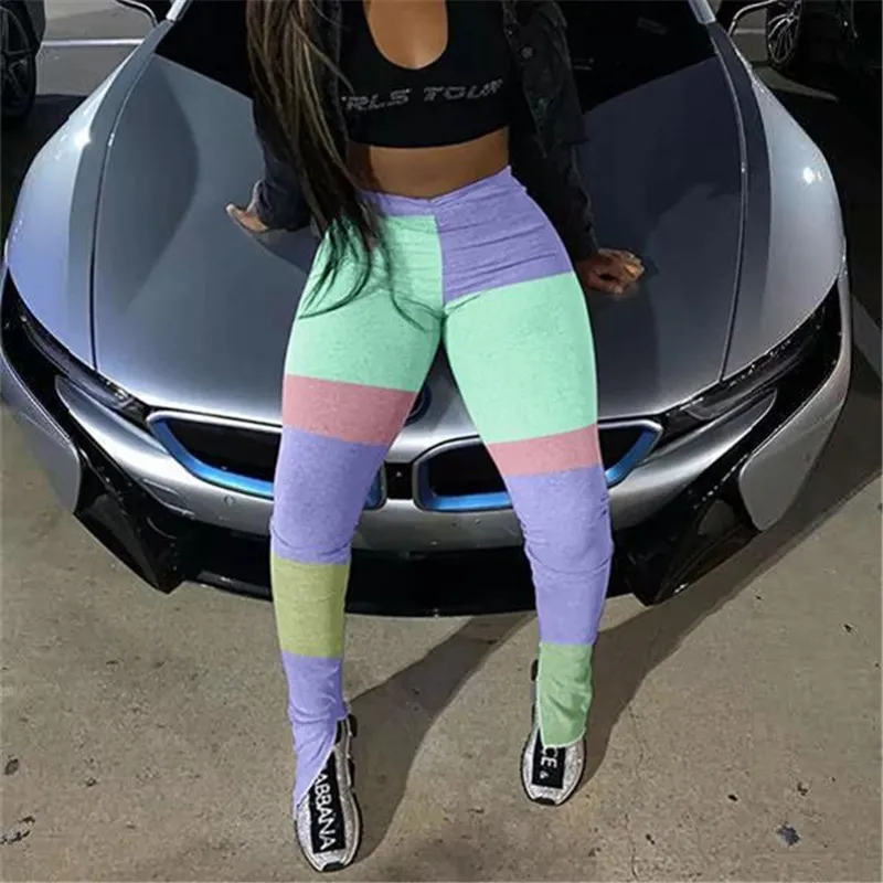 S-XXL Women Casual Contrast Color Patchwork Side Slit Pants