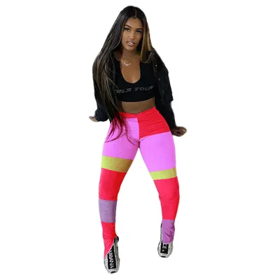 S-XXL Women Casual Contrast Color Patchwork Side Slit Pants