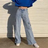 S-L Women Street Style High Waist Zipper Pocket Straight Jeans