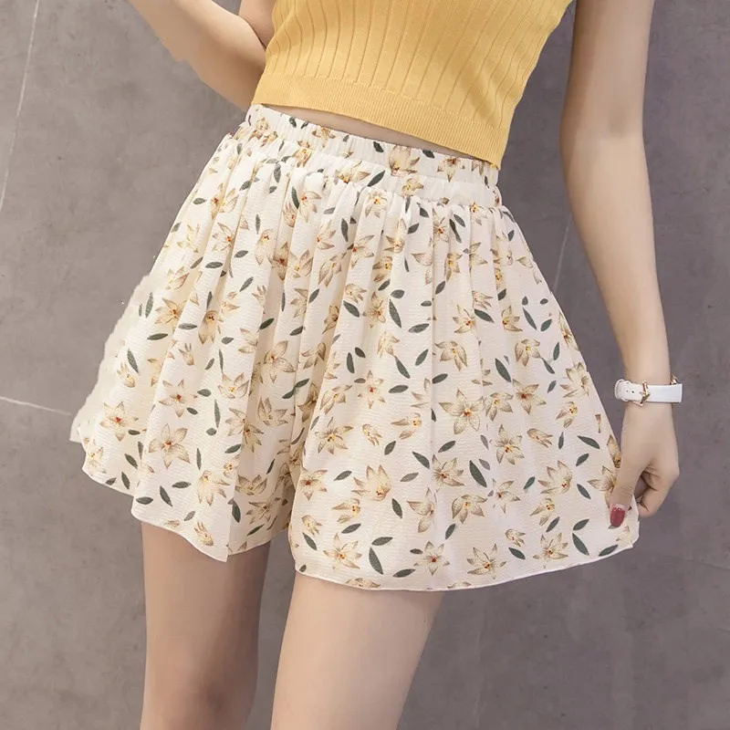 S-XXXL Women Casual Loose Floral Print Chiffon Culottes Shorts