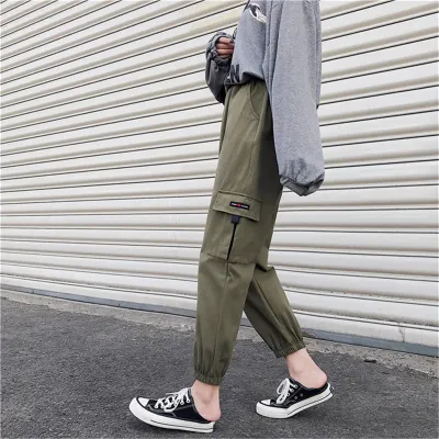 S-XXL Women Street Style Drawstring Waist Pocket Cargo Jogger Pants