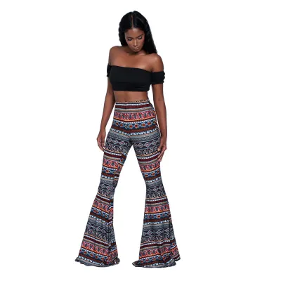 S-XXL Women High-waisted Retro Ethnic Print Flare Pants