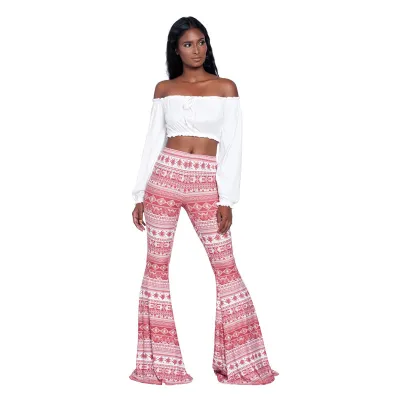 S-XXL Women High-waisted Retro Ethnic Print Flare Pants