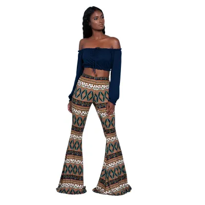 S-XXL Women High-waisted Retro Ethnic Print Flare Pants