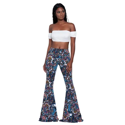 S-XXL Women High-waisted Retro Ethnic Print Flare Pants