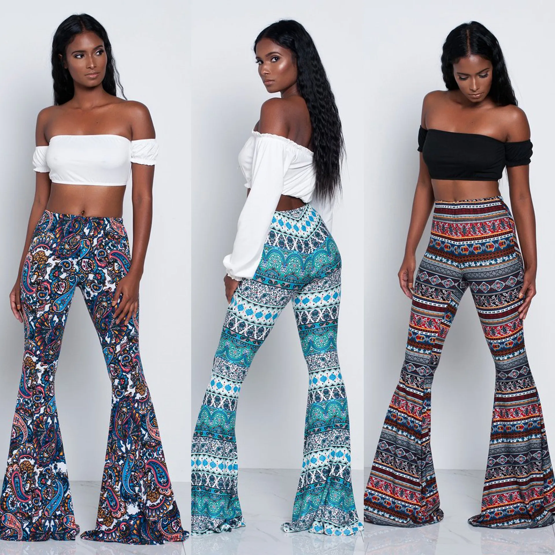 S-XXL Women High-waisted Retro Ethnic Print Flare Pants