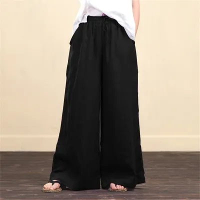 S-5XL Women Linen Blend Wide Leg Pants Loose Fit