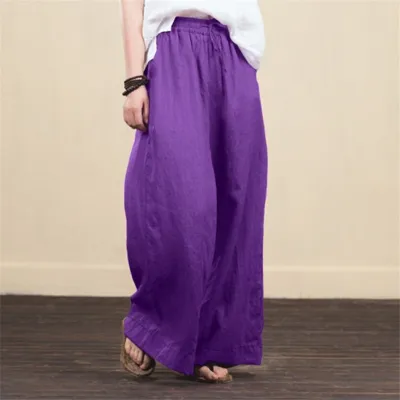 S-5XL Women Linen Blend Wide Leg Pants Loose Fit