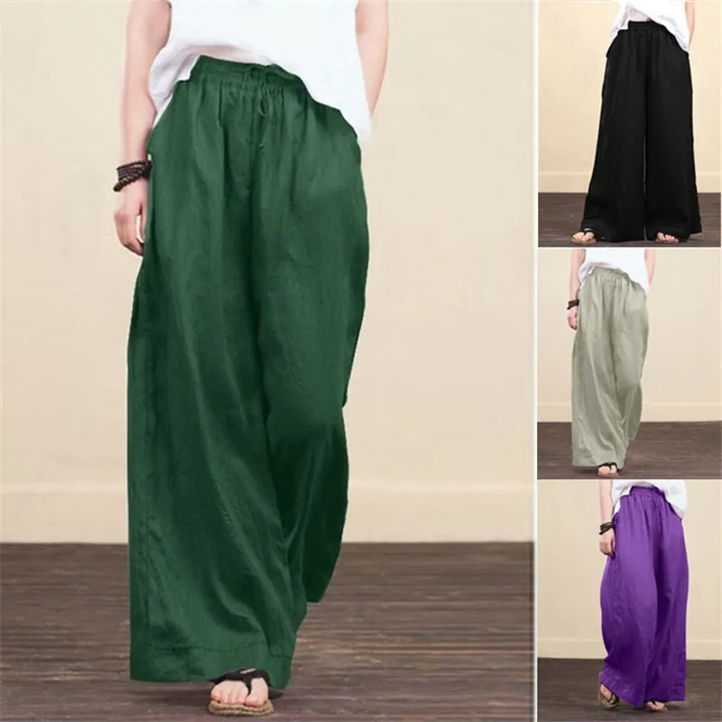S-5XL Women Linen Blend Wide Leg Pants Loose Fit