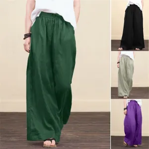 S-5XL Women Linen Blend Wide Leg Pants Loose Fit