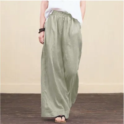 S-5XL Women Linen Blend Wide Leg Pants Loose Fit