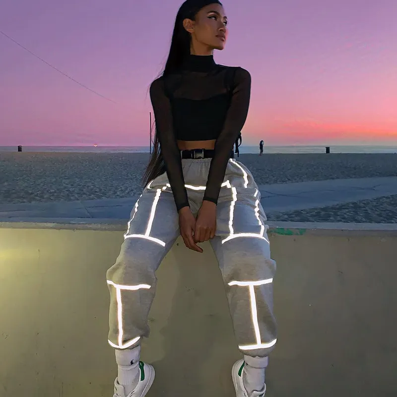S-L Women High Waist Patchwork Reflect Jogger Pants Urban Leisure