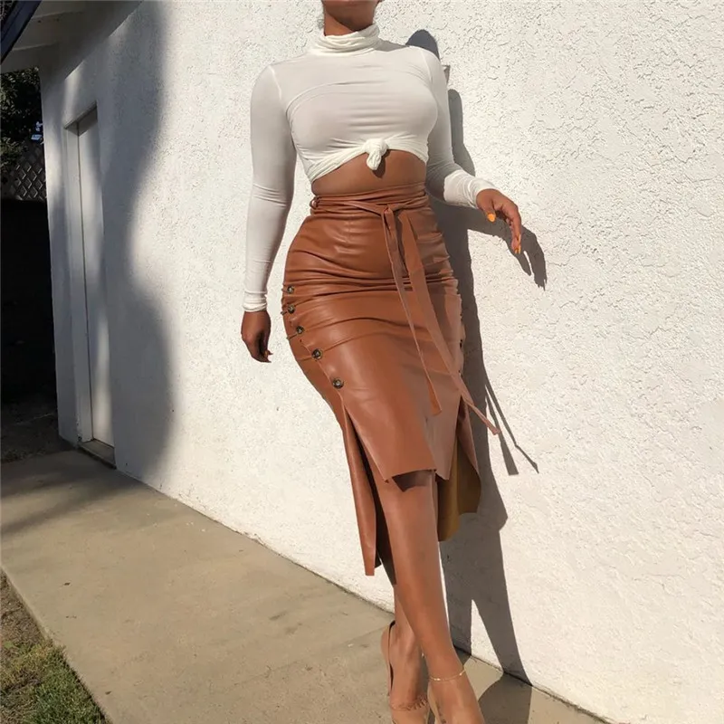 S-XL Women High Waist Side-Slit PU Leather Patchwork Skirt