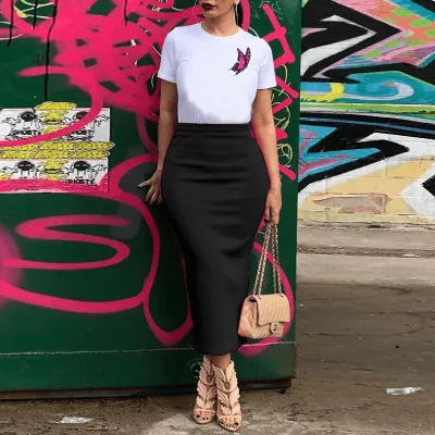 M-XXL Women High Waist Back-Slit A-Line Skirt