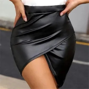 S-XL Women Sexy Irregular Hem PU Leather Patchwork Skirt