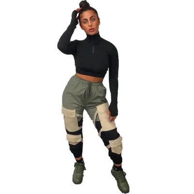 S-XL Women High Waisted Contrast Patchwork Cargo Pants Urban Leisure Style
