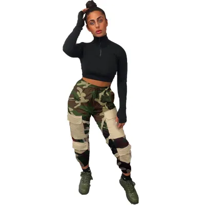 S-XL Women High Waisted Contrast Patchwork Cargo Pants Urban Leisure Style