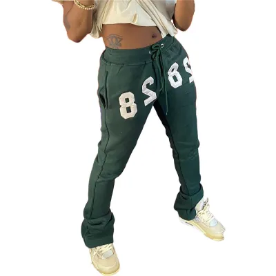 S-2xl Women Casual Letter Embroidered Sweater Fabric Straight Loose Pants