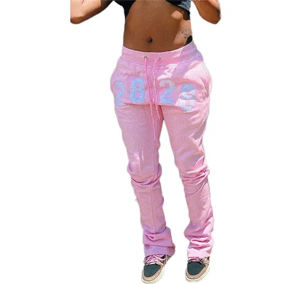 S-2xl Women Casual Letter Embroidered Sweater Fabric Straight Loose Pants