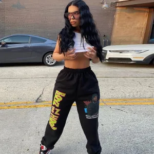 S-XL Women Fashion Alphabet Print Jogger Pants Cotton Blend Urban Leisure