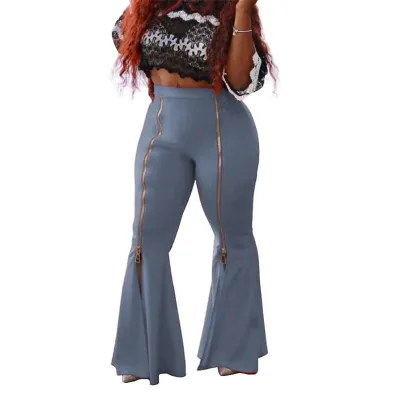 S-3XL Women Fashion High Waist Zipper Irregular Hem Wide Leg Pants