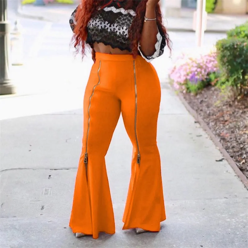 S-3XL Women Fashion High Waist Zipper Irregular Hem Wide Leg Pants