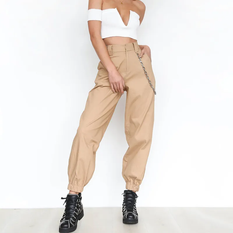 S-XXL Women High Waist Chain Jogger Pants Solid Color Wide Leg