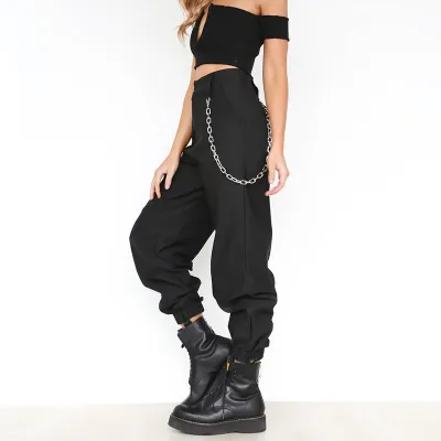 S-XXL Women High Waist Chain Jogger Pants Solid Color Wide Leg
