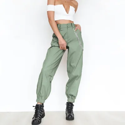 S-XXL Women High Waist Chain Jogger Pants Solid Color Wide Leg