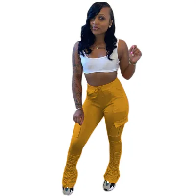 S-XXL Women Fashion High Waist Creased Multi-Pocket Pants