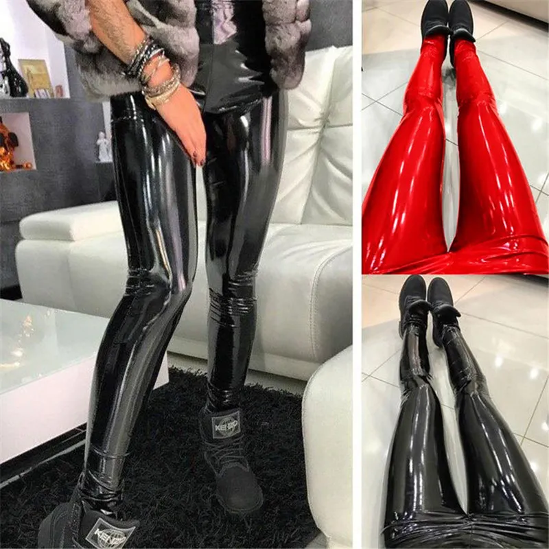 S-3XL Women Fashion Solid Color PU Leather Zipper Pants