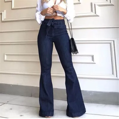S-2XL Women High Waist Flared Jeans in Solid Color