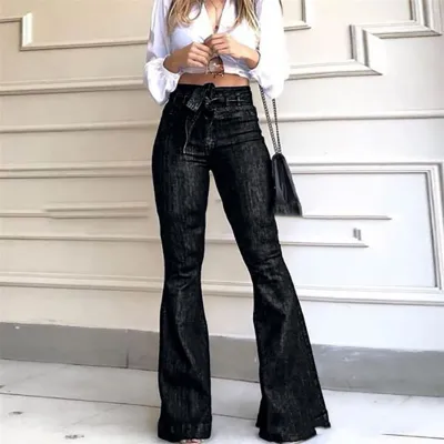 S-2XL Women High Waist Flared Jeans in Solid Color