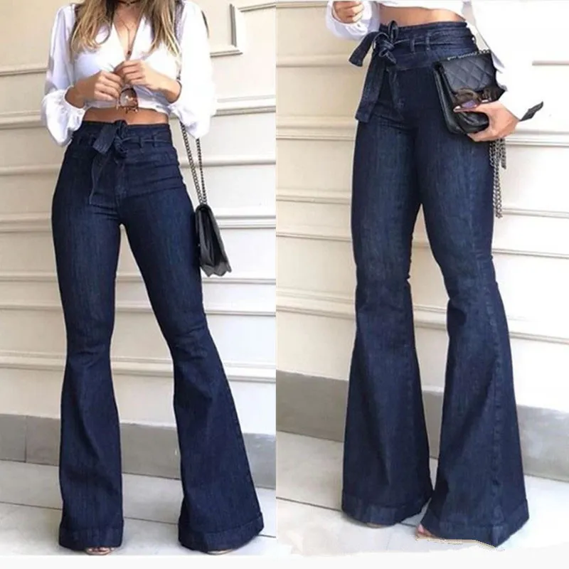 S-2XL Women High Waist Flared Jeans in Solid Color