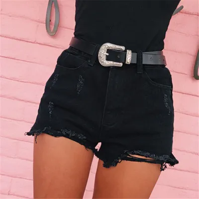 S-XXL Women's High Waist Ripped Denim Shorts for OL Commuting