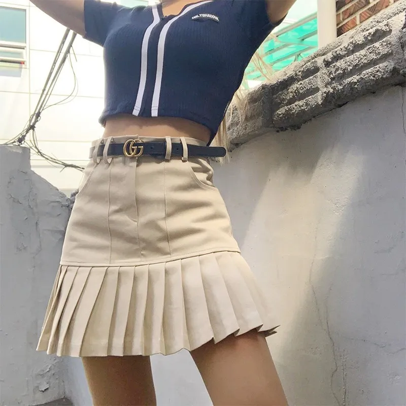 S-L Women High Waist Solid Color Pleated Skirt Sweet Style