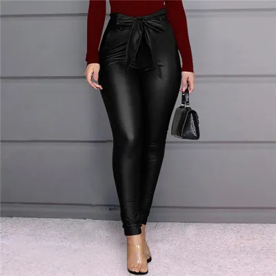 S-3XL Women High Waist PU Leather Pants Solid Color Sexy Fashion