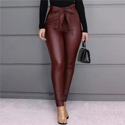 S-3XL Women High Waist PU Leather Pants Solid Color Sexy Fashion
