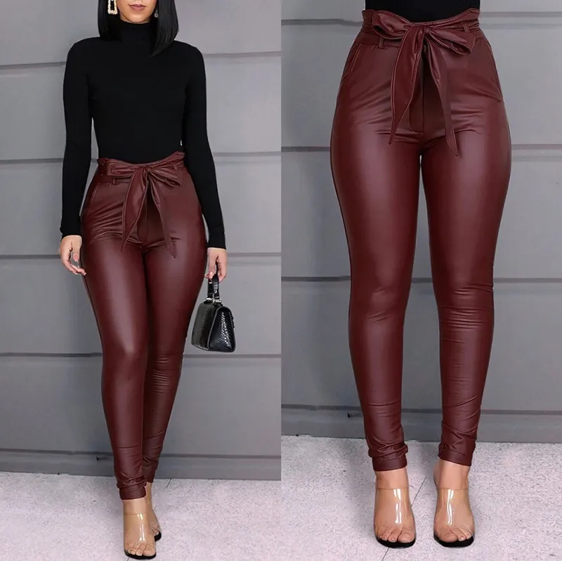 S-3XL Women High Waist PU Leather Pants Solid Color Sexy Fashion
