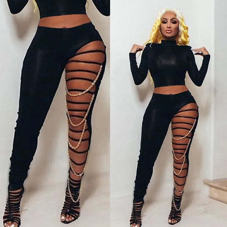 S-XL Women Sexy Irregular Hollow Out Leggings Polyester Solid Color Long