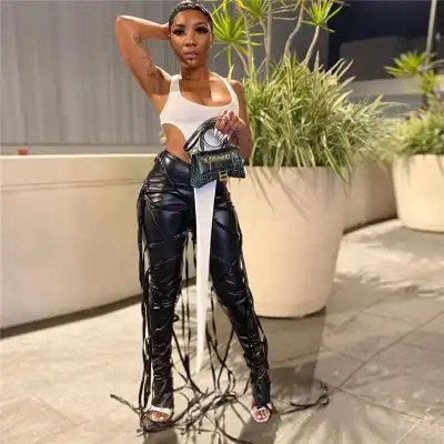 S-XL Women Fashion Irregular Mid Waist Ribbon Tassel PU Leather Flared Pants
