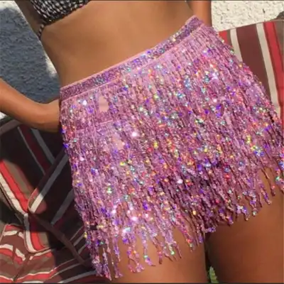 Women Sexy Sequin Tassels Irregular Hem Mini Skirt