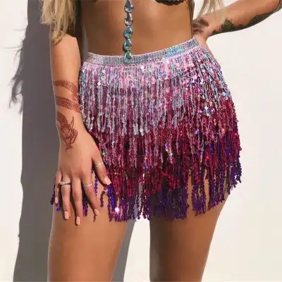 Women Sexy Sequin Tassels Irregular Hem Mini Skirt