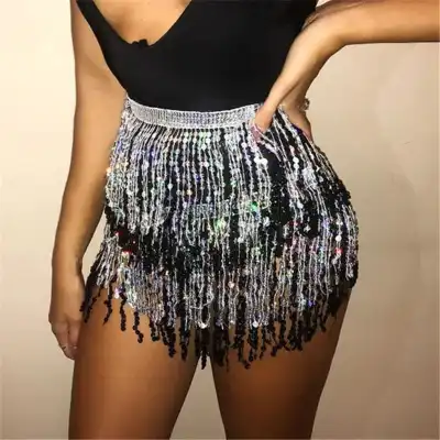 Women Sexy Sequin Tassels Irregular Hem Mini Skirt