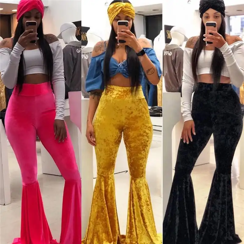 S-XL Women High Waisted Velvet Flared Pants Urban Leisure