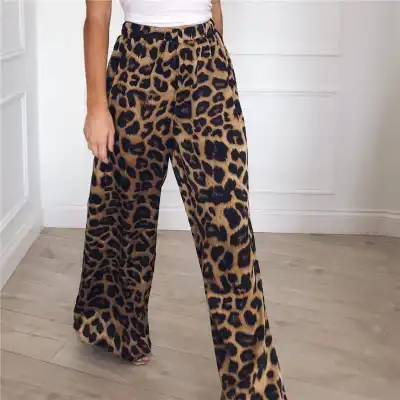S-XL Women Fashion High Waisted Leopard Print Wide Leg Pants