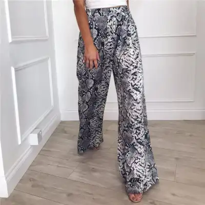 S-XL Women Fashion High Waisted Leopard Print Wide Leg Pants